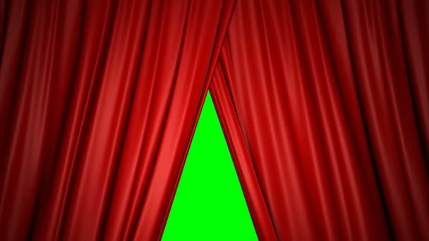 Closing and opening shiny red silk curtains on stage. 3D animation with chroma key. — Stock Video