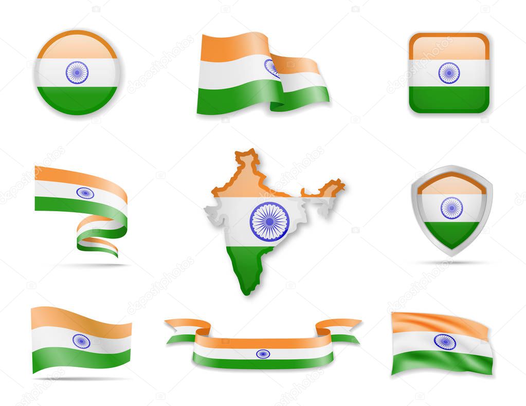 India flags collection. Flags and outline of the country.