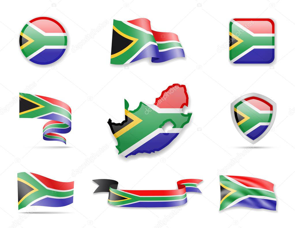 South Africa flags collection. Flags and outline of the country.