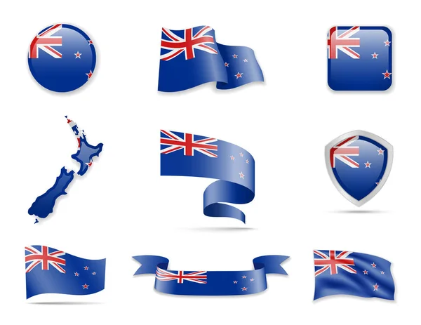 New Zealand flags collection. Flags and outline of the country. Vector illustration