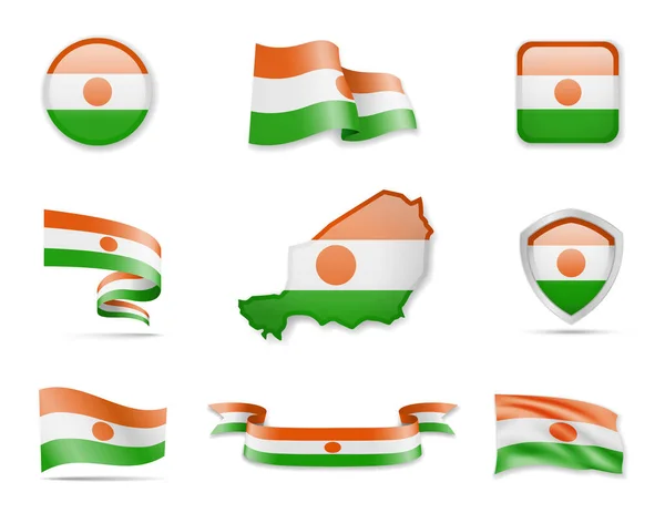 Niger Flags Collection Flaggen Und Umrisse Des Landes Vektorillustration — Stockvektor