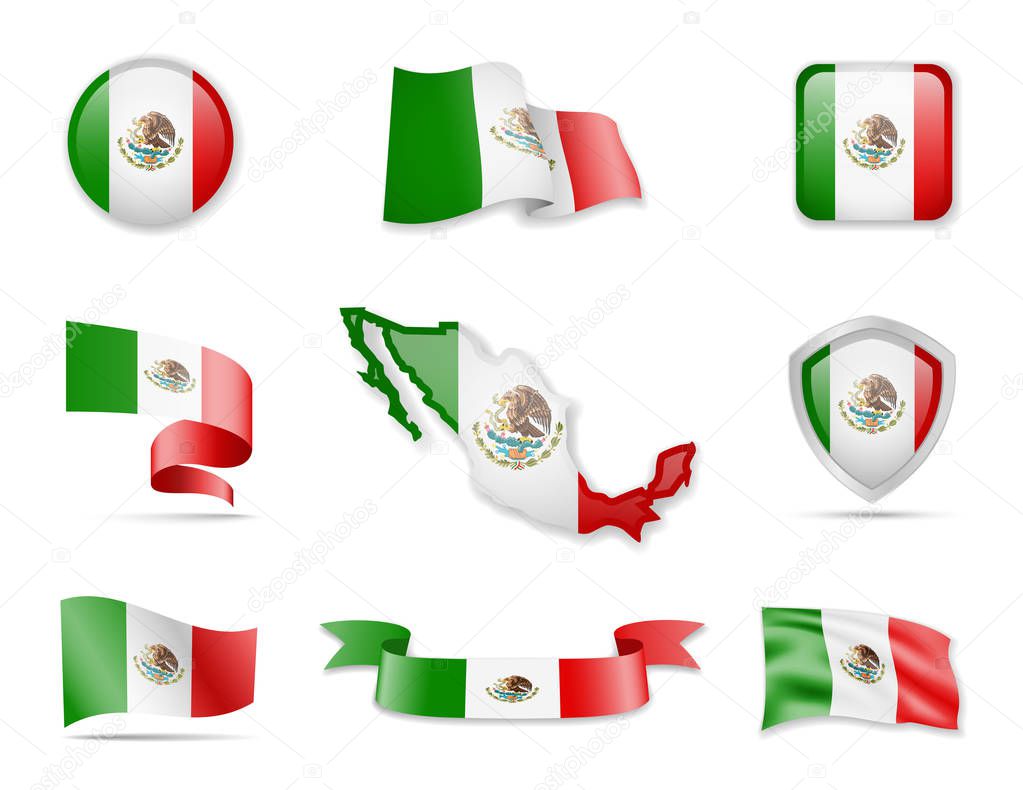 Mexico flags collection. Flags and outline of the country. Vector illustration set