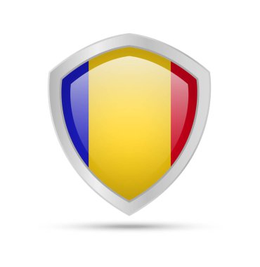 Beyaz zemin üzerine Çad bayrağı ile kalkan. Vektör çizim.