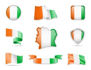Cote dIvoire flags collection. Flags and outline of the country vector illustration set clipart