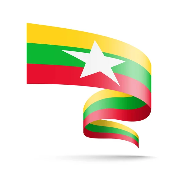 Myanmar Bayrağı Dalga Şerit Şeklinde Beyaz Arka Plan Üzerinde Illüstrasyon — Stok Vektör