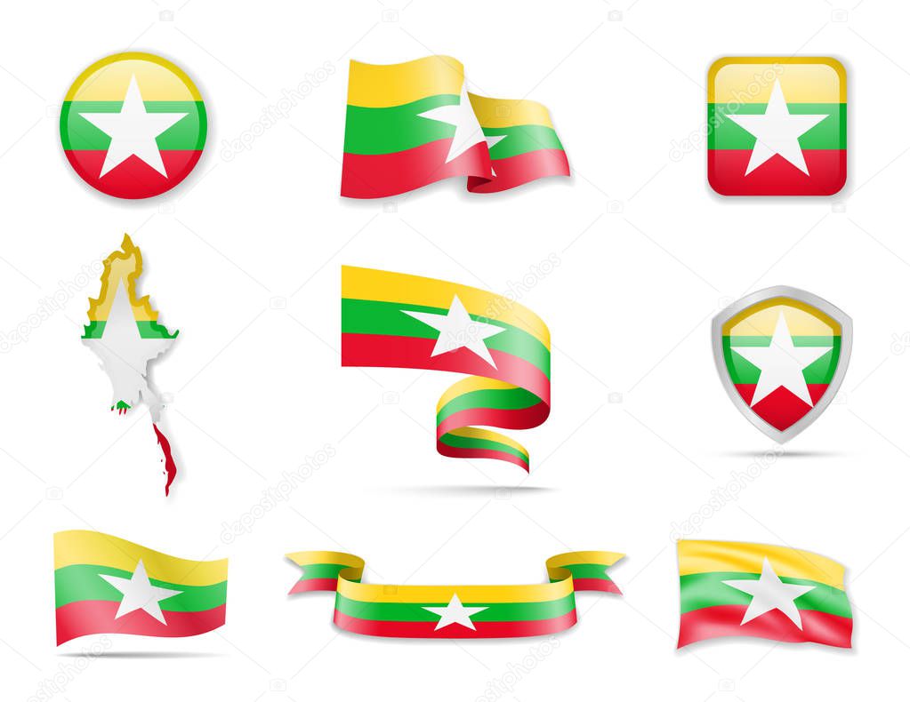 Myanmar flags collection. Flags and outline of the country vector illustration set