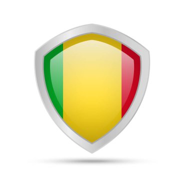 Beyaz arka plan üzerinde Mali bayrağı ile kalkan. Vektör çizim.