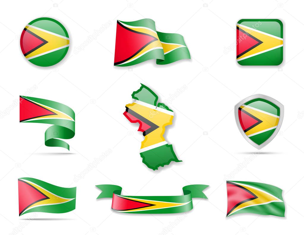 Guyana flags collection. Flags and outline of the country vector illustration set