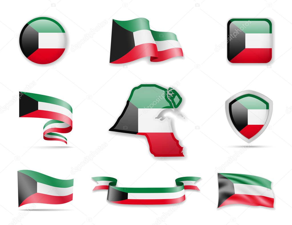 Kuwait flags collection. Flags and outline of the country vector illustration set