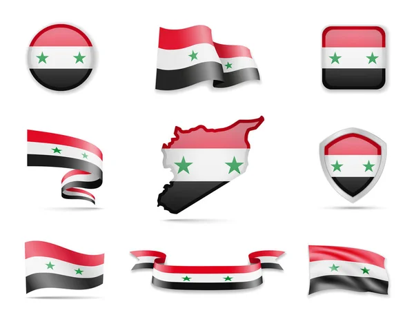 Sammlung syrischer Flaggen. Vektorillustration setzt Flaggen und Umrisse des Landes. — Stockvektor