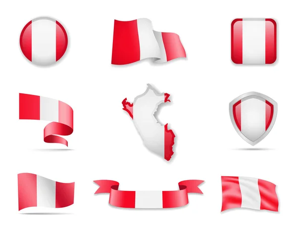 Collezione di bandiere del Perù. Illustrazione vettoriale set bandiere e schema del paese . — Vettoriale Stock