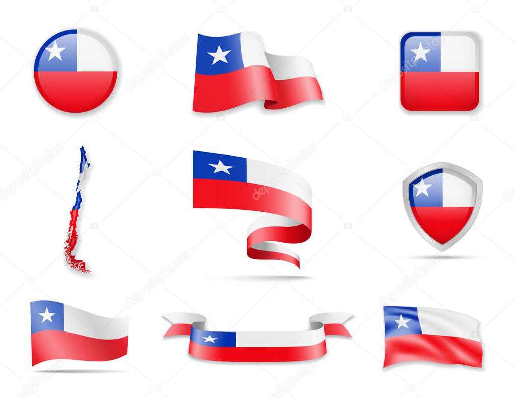 Chile flags collection. Vector illustration set flags and outline of the country.