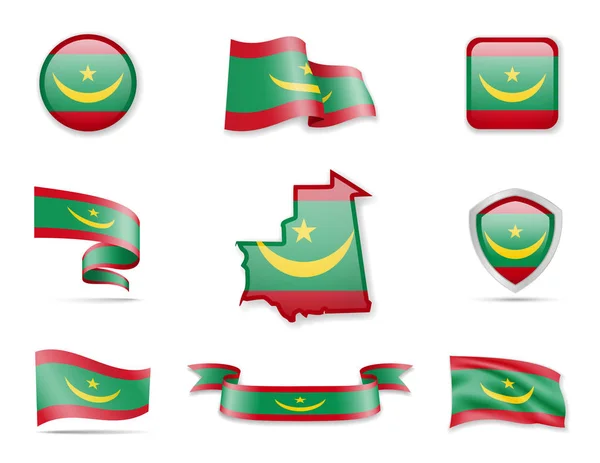 Mauretanien Flaggen Sammlung. Vektorillustration setzt Flaggen und Umrisse des Landes. — Stockvektor