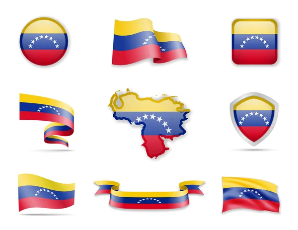 Venezuela flags collection. Vector illustration set flags and outline of the country. — Stock Vector