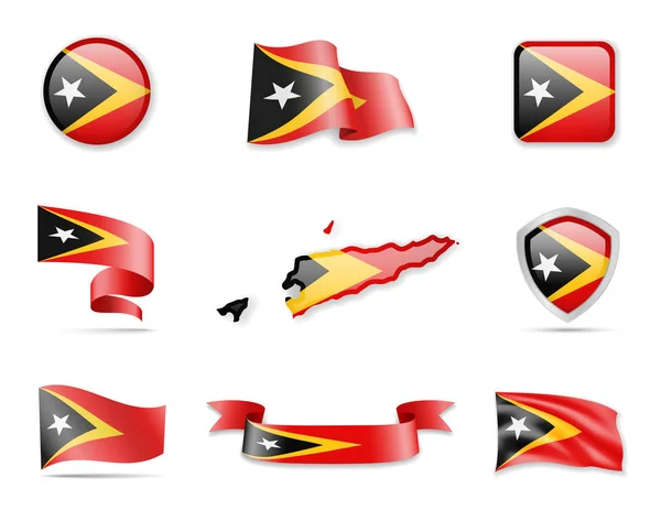 Коллекция флагов Восточного Тимора. Векторные иллюстрации устанавливают флаги и контуры страны . — стоковый вектор