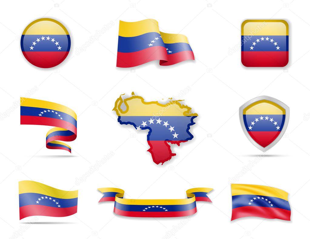 Venezuela flags collection. Vector illustration set flags and outline of the country.