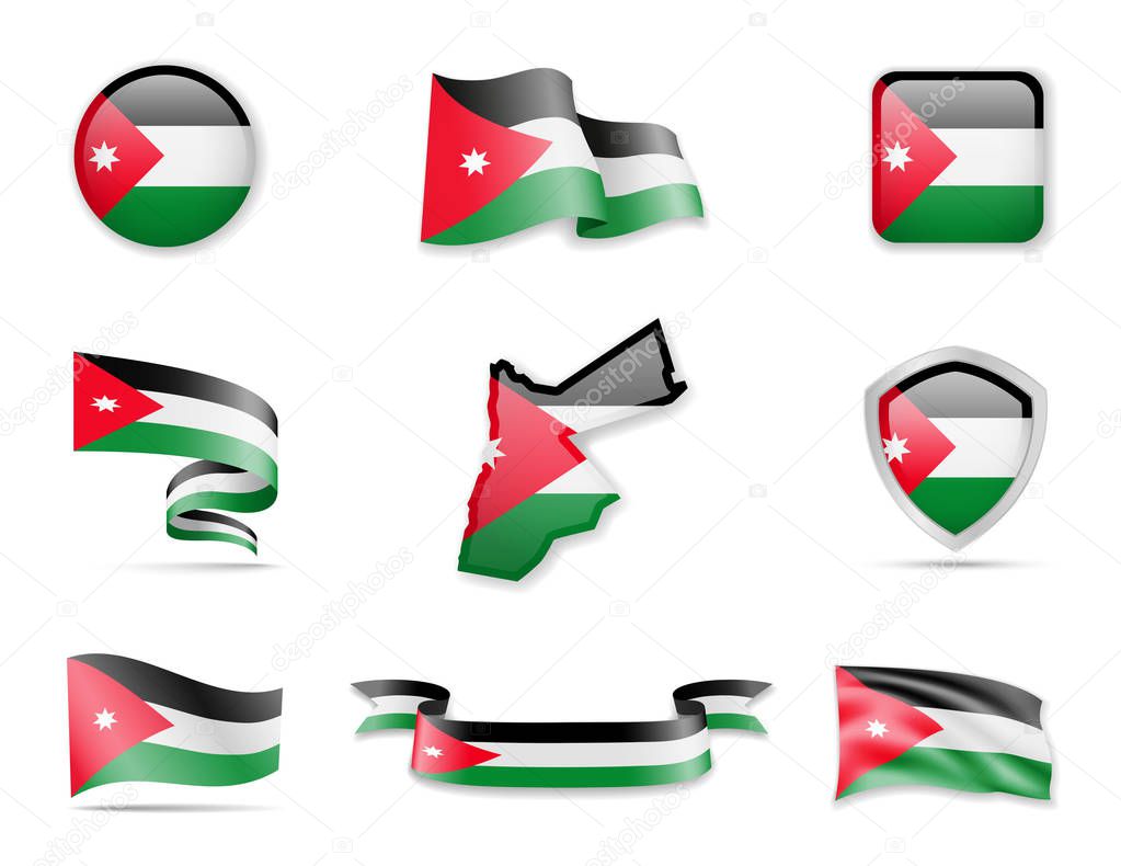Jordan flags collection. Vector illustration set flags and outline of the country.