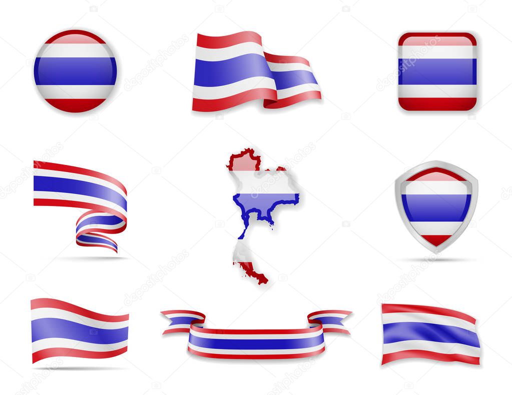 Thailand flags collection. Vector illustration set flags and outline of the country.