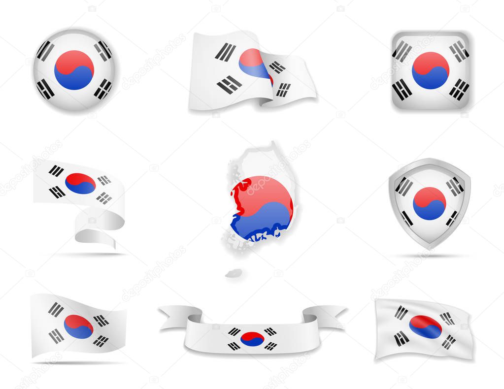 South Korea flags collection. Vector illustration set flags and outline of the country.