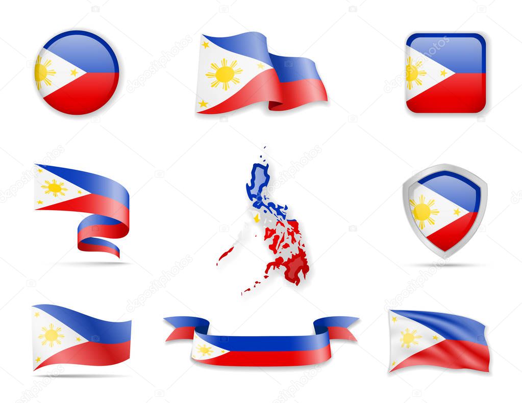 Philippines flags collection. Vector illustration set flags and outline of the country.