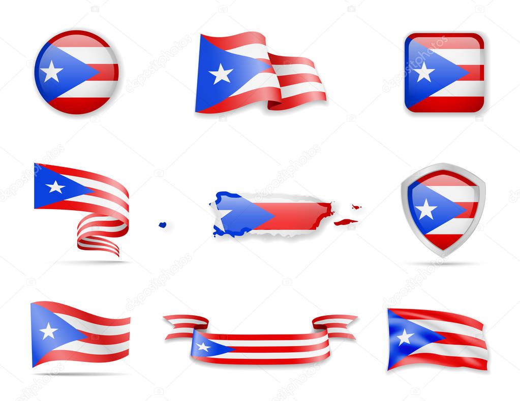 Puerto Rico flags collection. Vector illustration set flags and outline of the country.