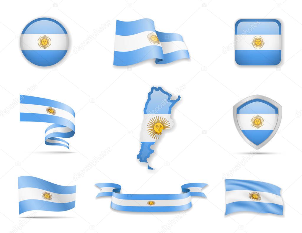 Argentina flags collection. Flags and outline of the country vector illustration set