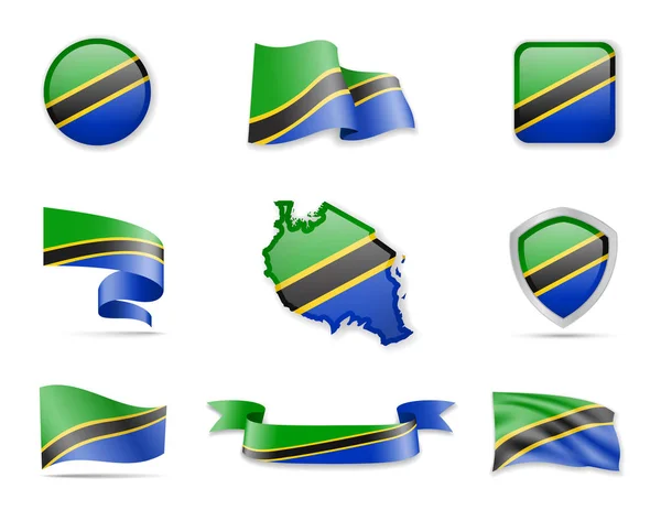 Coleção de bandeiras Tanzânia. Vetor ilustração definir bandeiras e contorno do país . —  Vetores de Stock