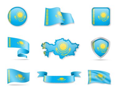 Kazakistan bayrakları koleksiyonu. Bayraklar ve anahat ülke vektör çizim ayarla.
