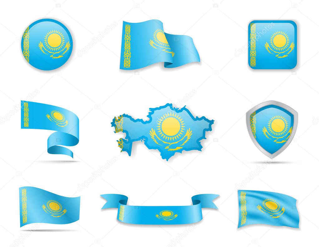 Kazakhstan flags collection. Vector illustration set flags and outline of the country.