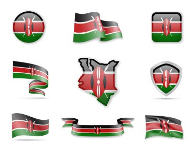 Kenya bayrakları koleksiyonu. Bayraklar ve anahat ülke vektör çizim ayarla.