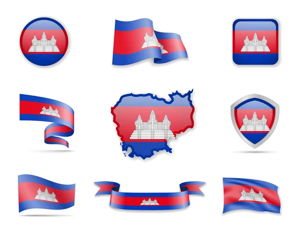 Kamboçya bayrakları koleksiyonu. Bayraklar ve anahat ülke vektör çizim ayarla. — Stok Vektör