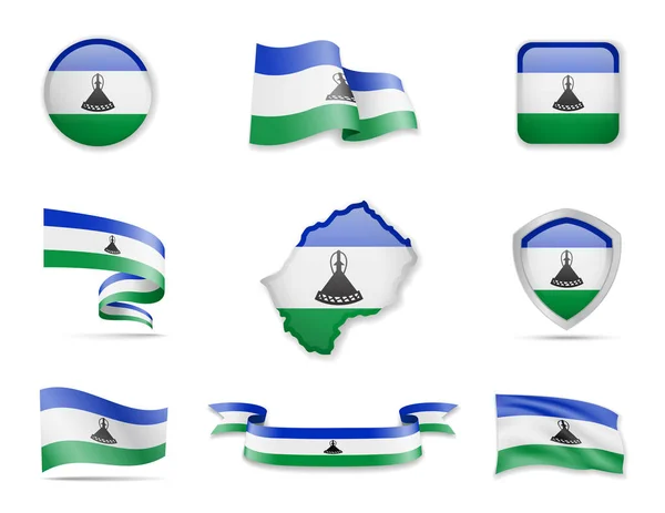 Lesotho Fahnen Sammlung. Vektorillustration setzt Flaggen und Umrisse des Landes. — Stockvektor