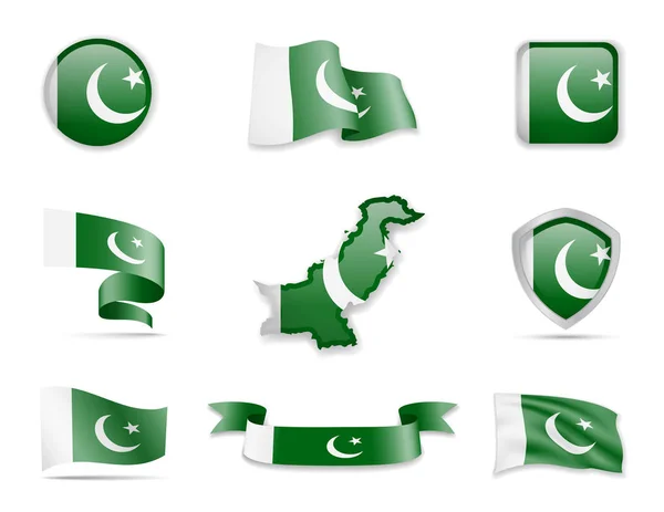 Pakistán colección de banderas. Ilustración vectorial establecer banderas y contorno del país . — Vector de stock