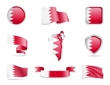 Bahreyn bayrakları koleksiyonu. Bayraklar ve anahat ülke vektör çizim ayarla.