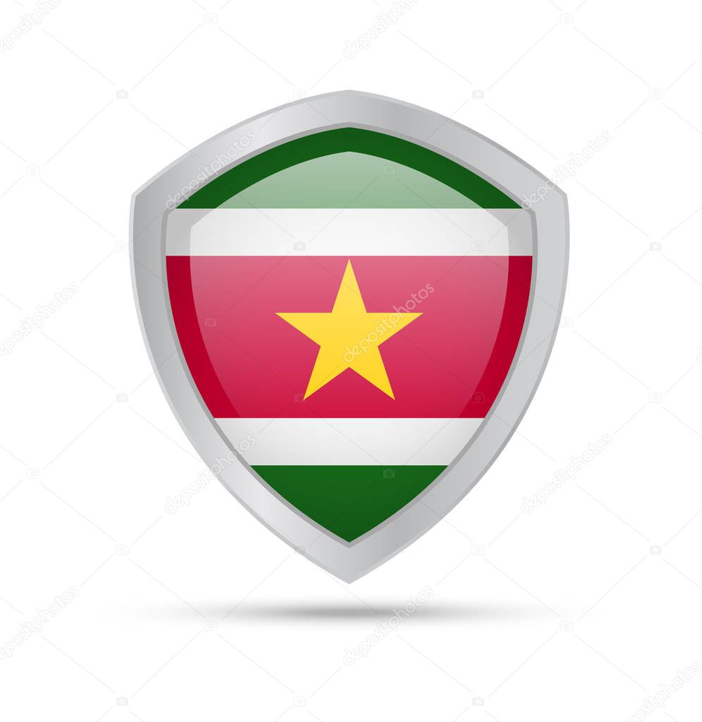 Shield with Suriname flag on white background.