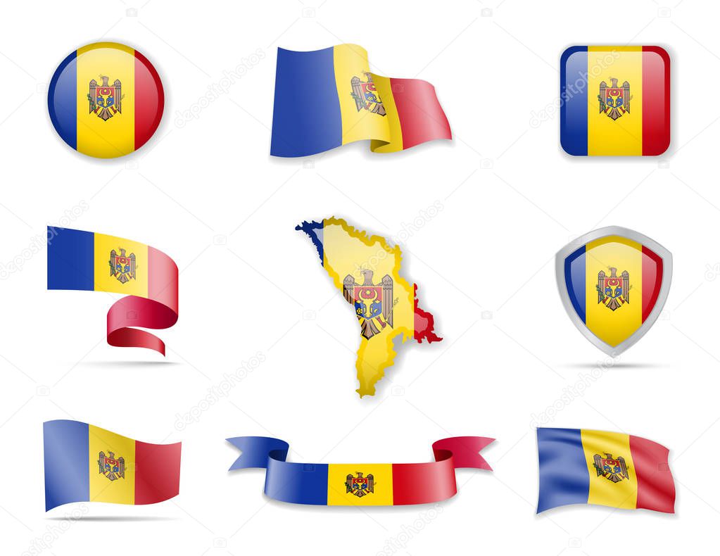 Moldova flags collection. Vector illustration set flags and outline of the country.