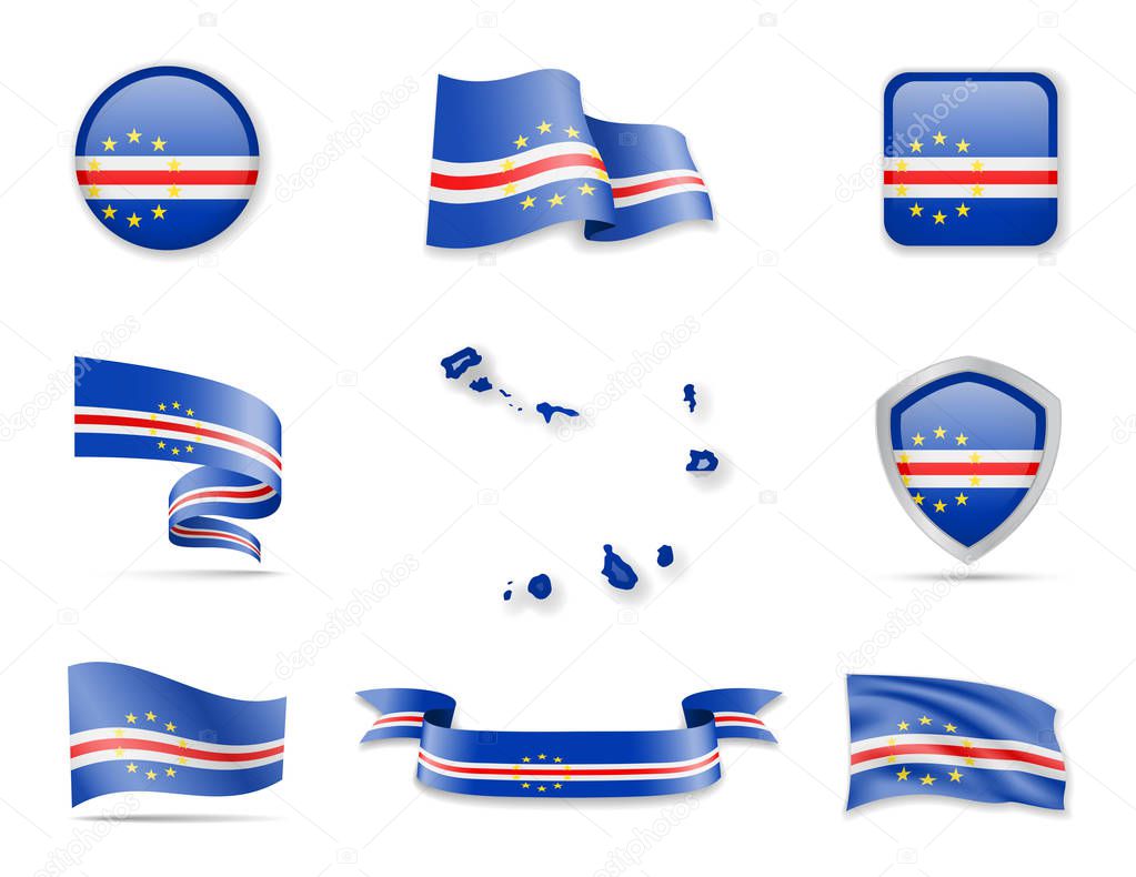 Cape Verde flags collection. Vector illustration set flags and outline of the country.