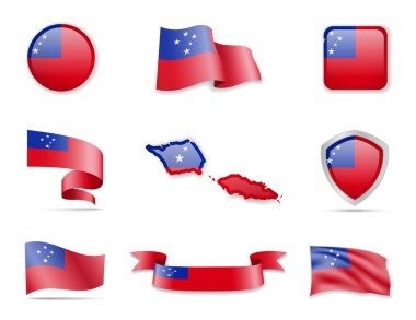 Samoa koleksiyon işaretler. Bayraklar ve anahat ülke vektör çizim ayarla.