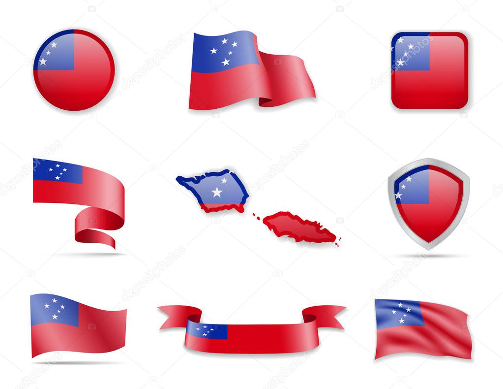 Samoa flags collection. Vector illustration set flags and outline of the country.