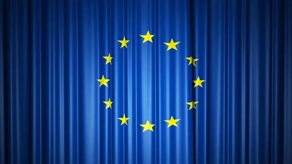 Cortina de seda da bandeira da UE no palco. Ilustração 3D — Fotografia de Stock