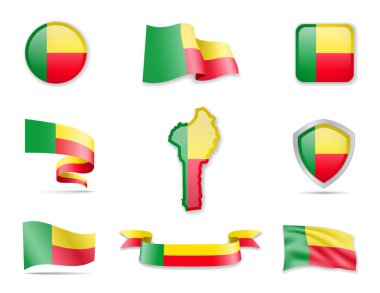 Benin bayrakları koleksiyonu. Bayraklar ve anahat ülke vektör çizim ayarla.