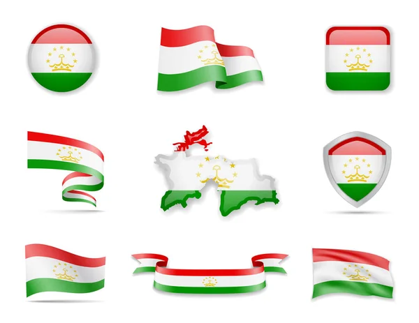 Colección de banderas de Tayikistán. Ilustración vectorial establecer banderas y contorno del país . — Vector de stock
