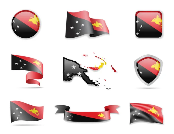 Papua New Guinea flags collection. Vector illustration set flags and outline of the country. — Stock Vector