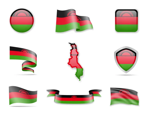 Malawi flagi kolekcji. Vector zestaw ilustracji flagi i zarys kraju. — Wektor stockowy