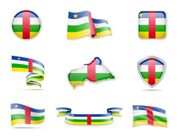 Colección de banderas de la República Centroafricana. Ilustración vectorial establecer banderas y contorno del país . — Vector de stock