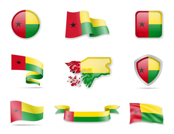 Gine-Bissau bayrakları koleksiyonu. Vektör illüstrasyon kümesi bayrakları ve ülkenin anahattı. — Stok Vektör
