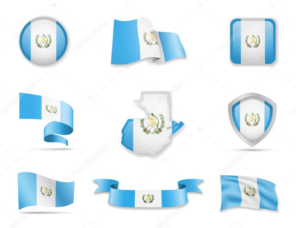 Guatemala flags collection. Flags and outline of the country vector illustration set