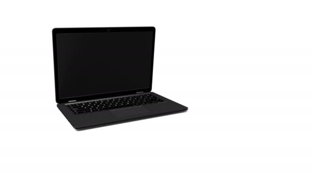 Black Modern Laptop Appear White Background Opens Green Screen Animation — Stock Video