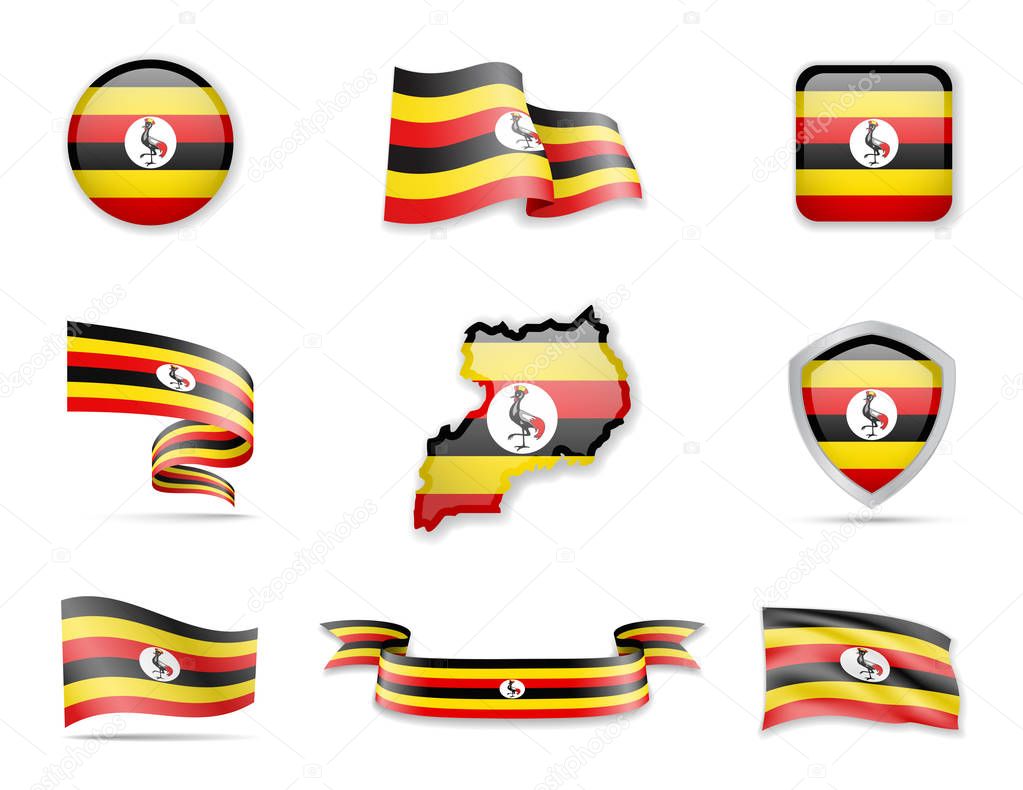 Uganda flags collection. Vector illustration set flags and outline of the country.