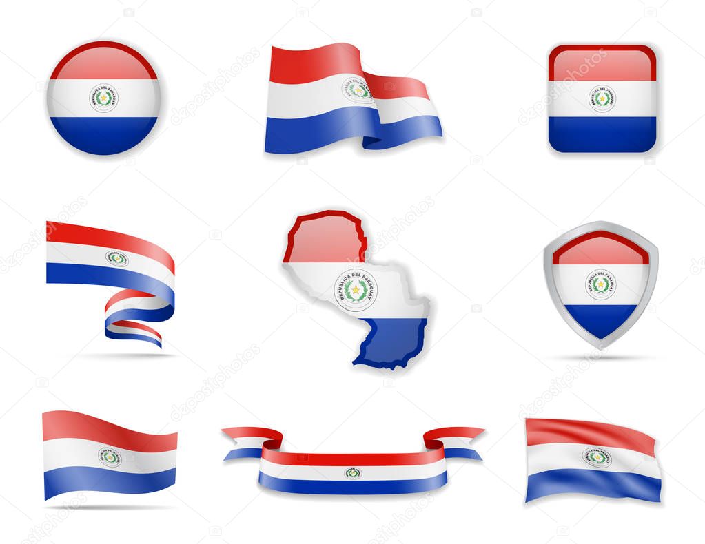 Paraguay flags collection. Vector illustration set flags and outline of the country.